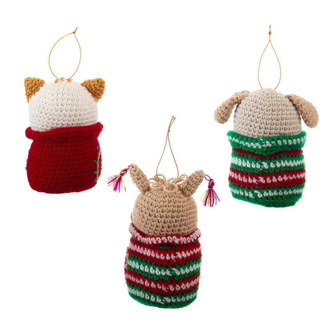3 Crocheted Dog Cat and Llama Ornaments with Hand Embroidery - Friendly Trio