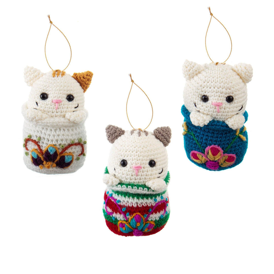 Set of 3 Crocheted Cat Ornaments with Floral Hand Embroidery - Kitty Trio