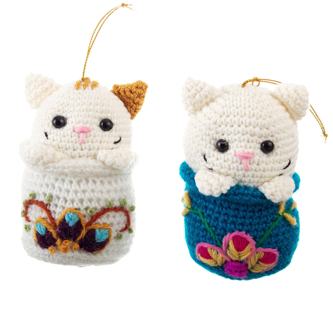 Set of 3 Crocheted Cat Ornaments with Floral Hand Embroidery - Kitty Trio