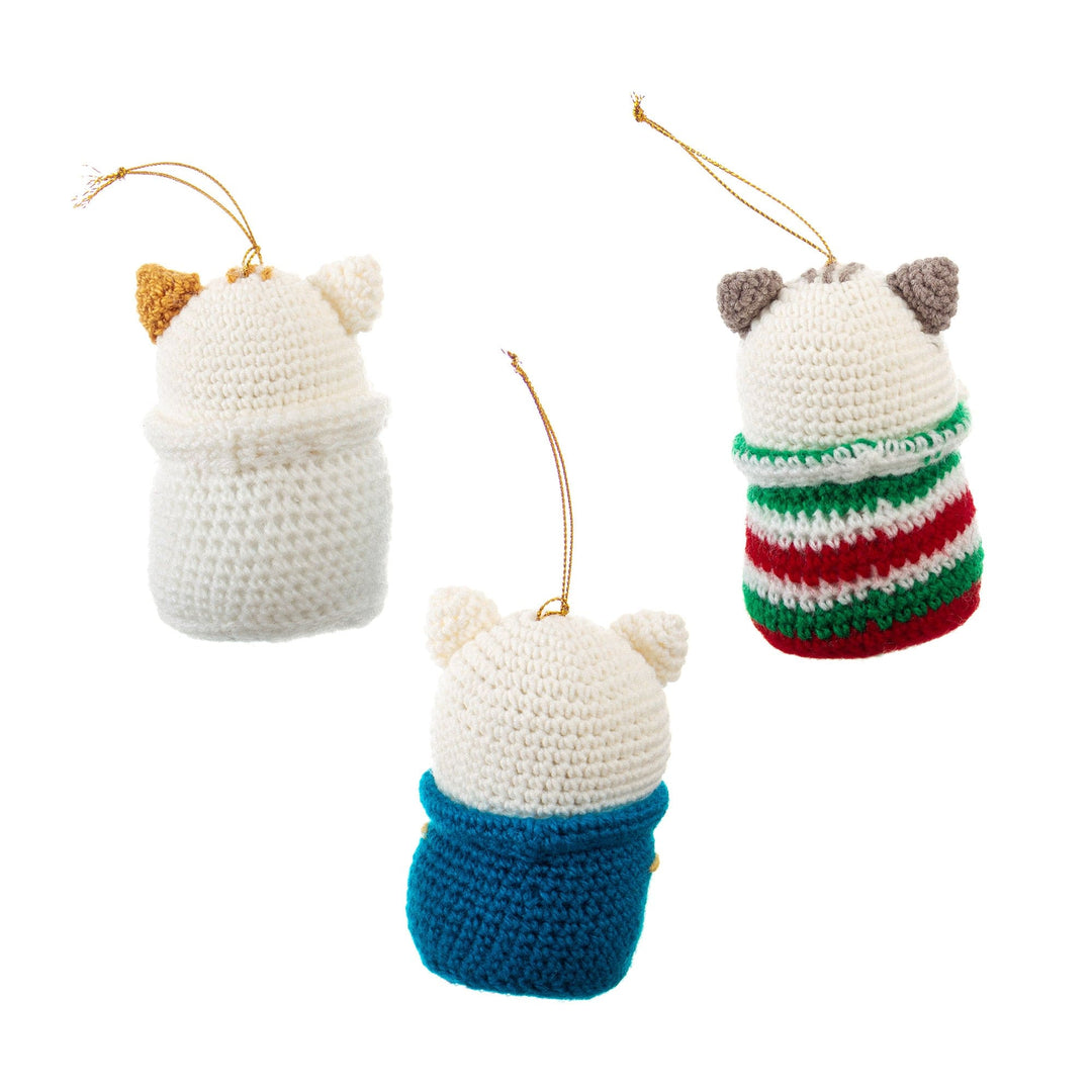 Set of 3 Crocheted Cat Ornaments with Floral Hand Embroidery - Kitty Trio