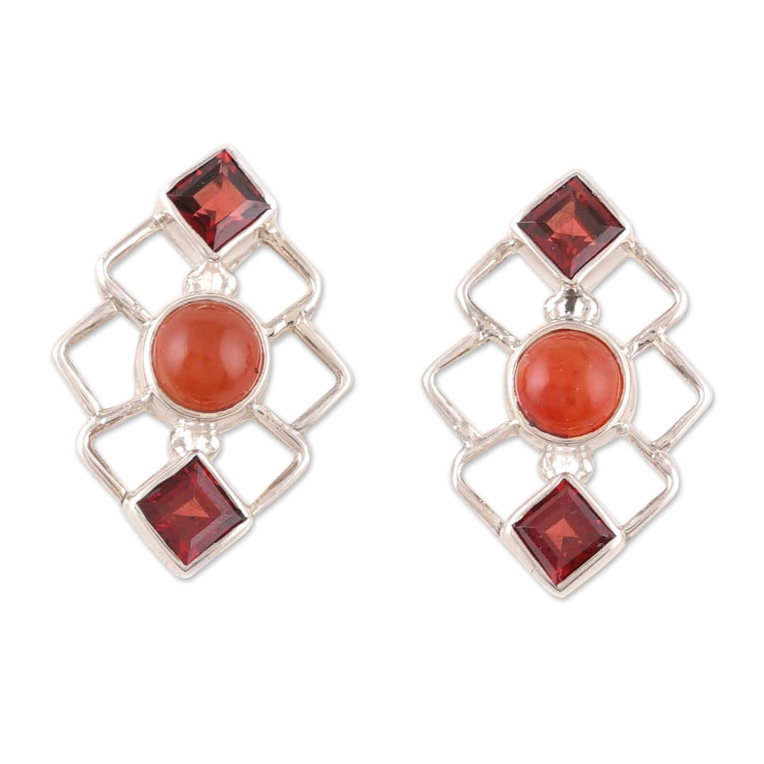 Geometric Garnet and Carnelian Button Earrings from India - Romantic Harmony