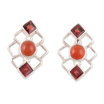 Geometric Garnet and Carnelian Button Earrings from India - Romantic Harmony