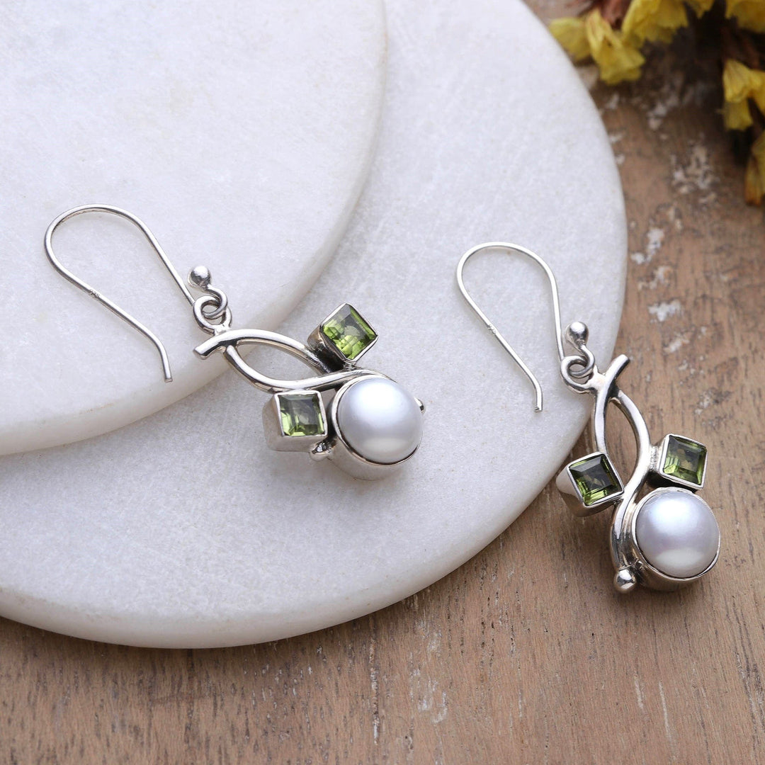 Floral-Inspired Cultured Pearl and Peridot Dangle Earrings - Pure & Lucky
