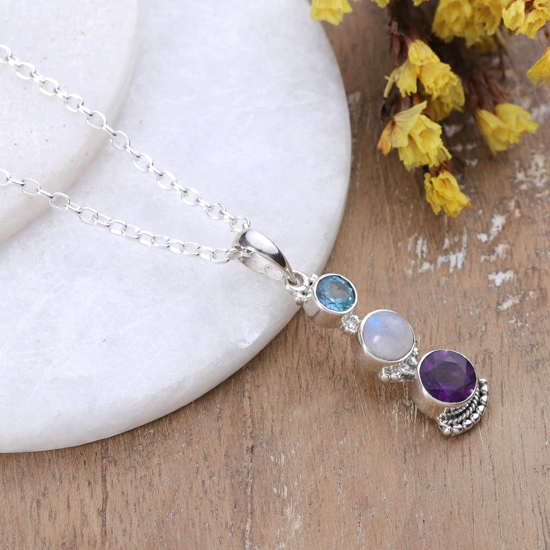 One-Carat Multi-Gemstone Pendant Necklace from India - Celestial Trinity
