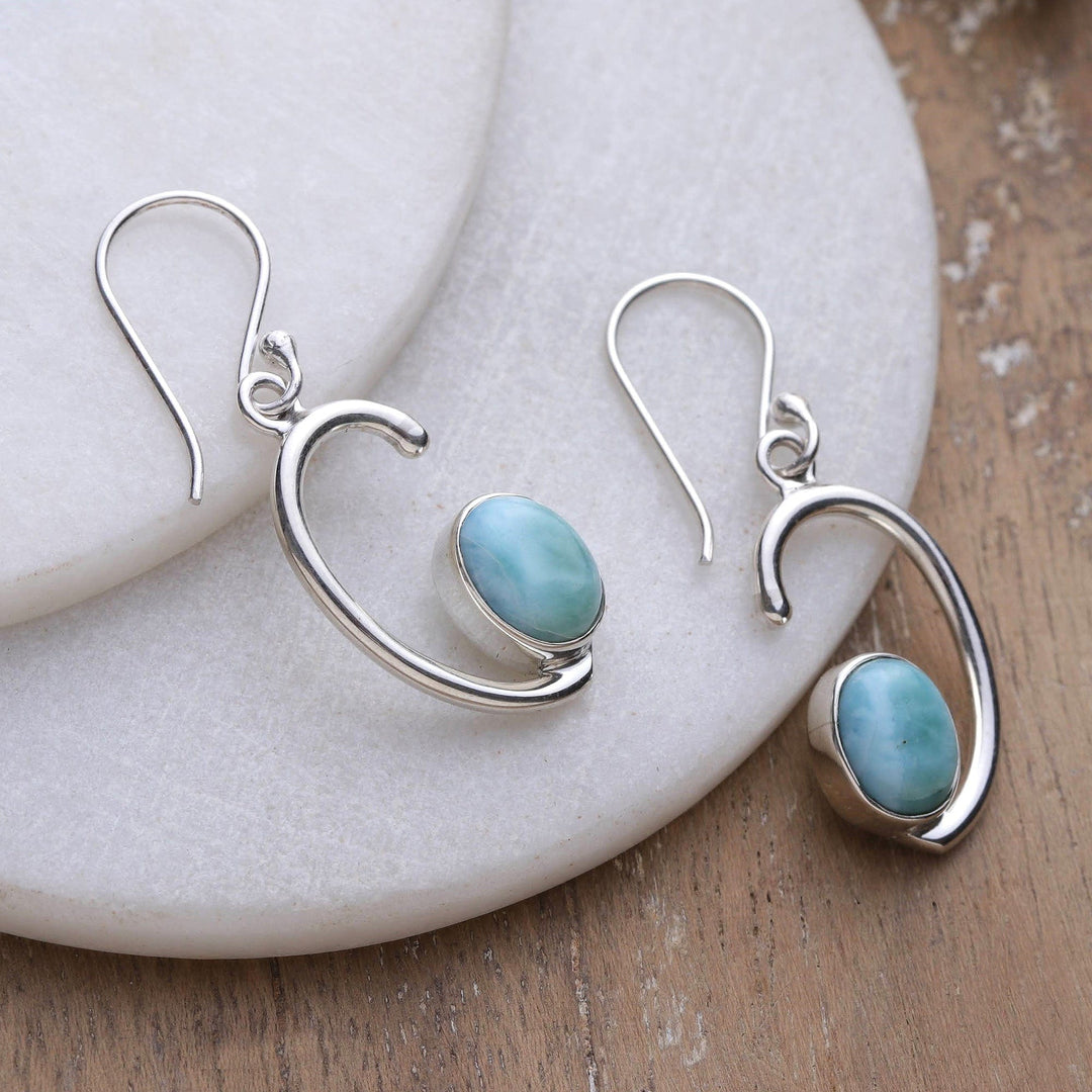 Half-Moon Dangle Earrings with Natural Larimar Stones - Healing Moons