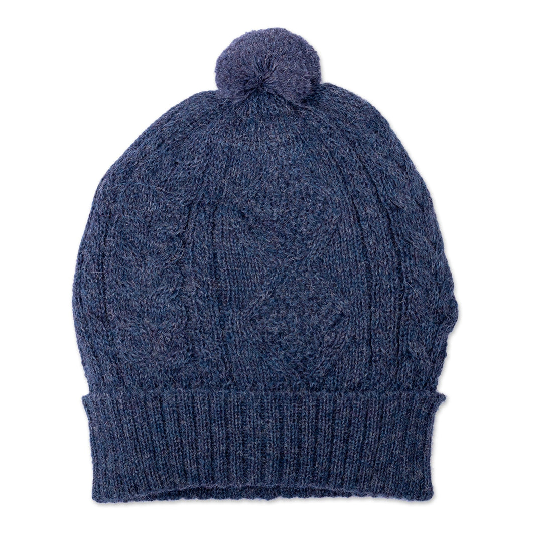 Geometric Soft 100% Alpaca Knit Hat in an Indigo Hue - Indigo Braid