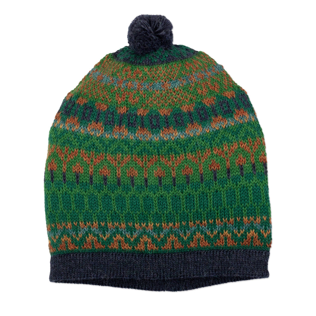 Handcrafted Geometric Patterned Green 100% Alpaca Knit Hat - Geometric Scapes in Green