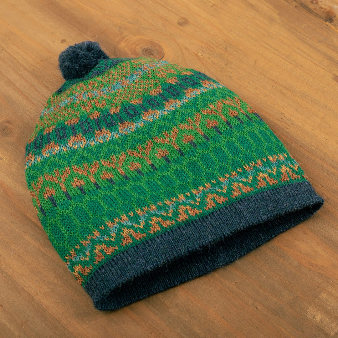Handcrafted Geometric Patterned Green 100% Alpaca Knit Hat - Geometric Scapes in Green