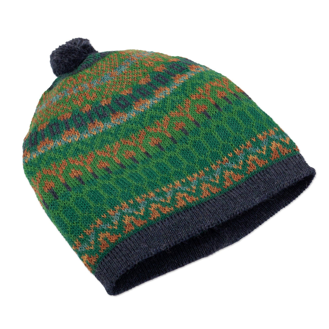 Handcrafted Geometric Patterned Green 100% Alpaca Knit Hat - Geometric Scapes in Green