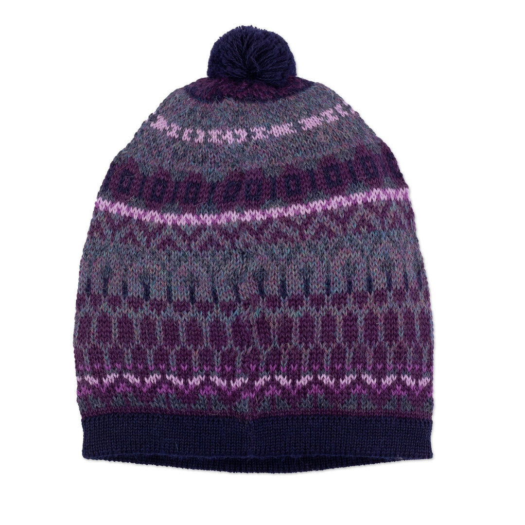 Handcrafted Geometric Patterned Purple 100% Alpaca Knit Hat - Geometric Scapes in Purple