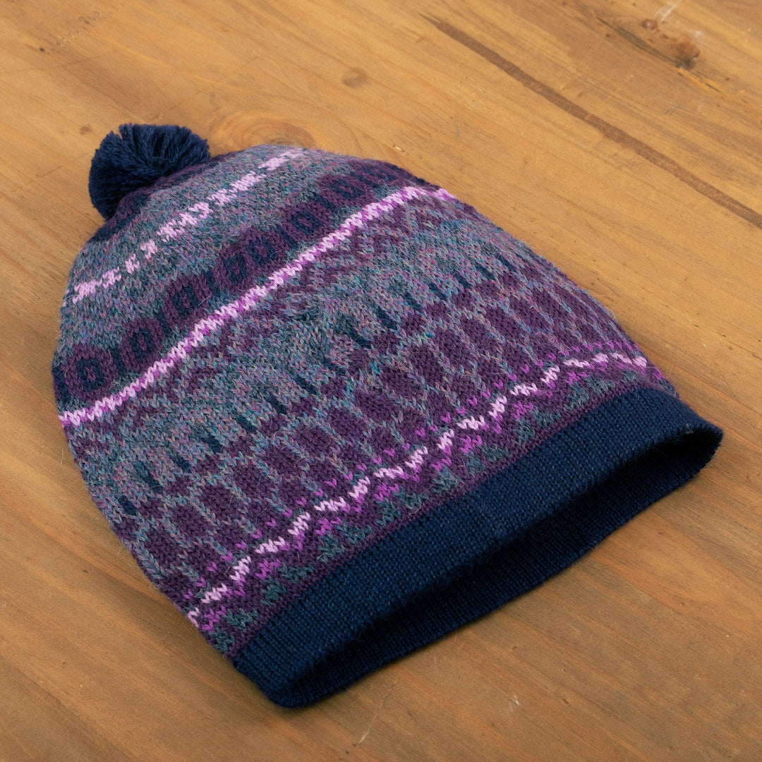 Handcrafted Geometric Patterned Purple 100% Alpaca Knit Hat - Geometric Scapes in Purple