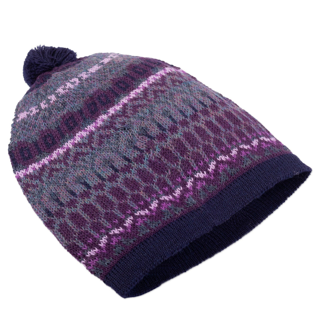 Handcrafted Geometric Patterned Purple 100% Alpaca Knit Hat - Geometric Scapes in Purple