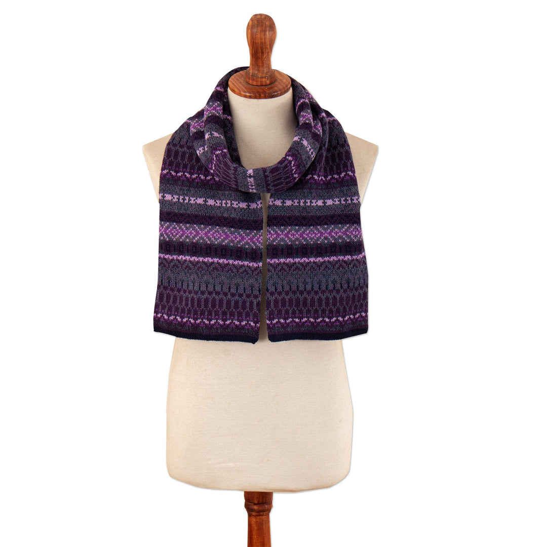 Knit 100% Alpaca Striped Patterned Scarf in Purple and Blue - Elegant Purple Geometry