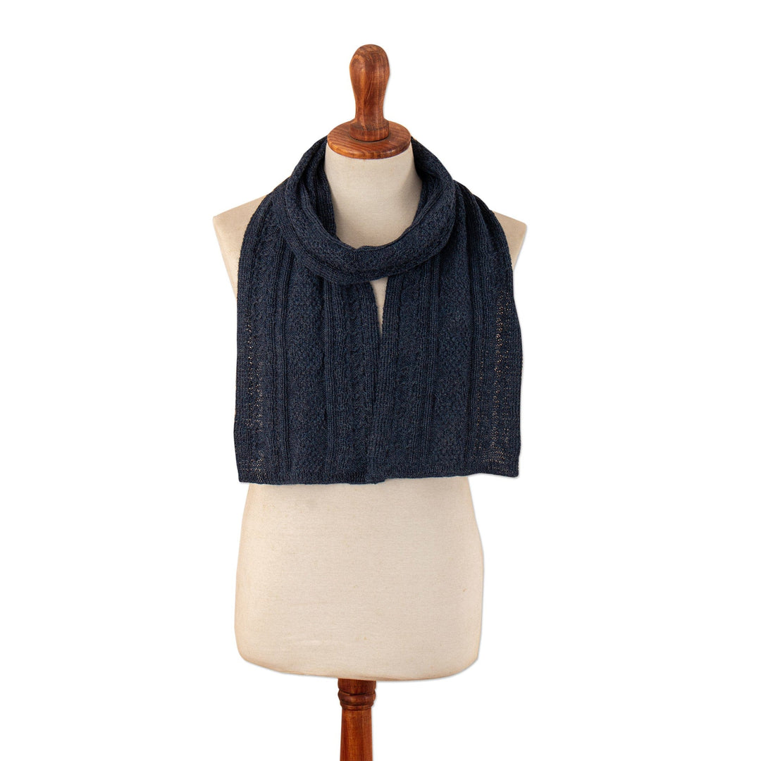 Soft Knit 100% Alpaca Scarf in an Indigo Base Hue - Indigo Braid