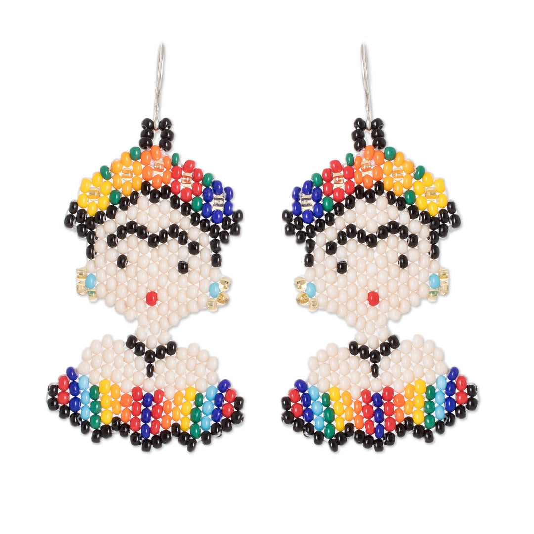 Multicolor Floral Glass Beaded Frida Kahlo Dangle Earrings - Miss Frida in Spring