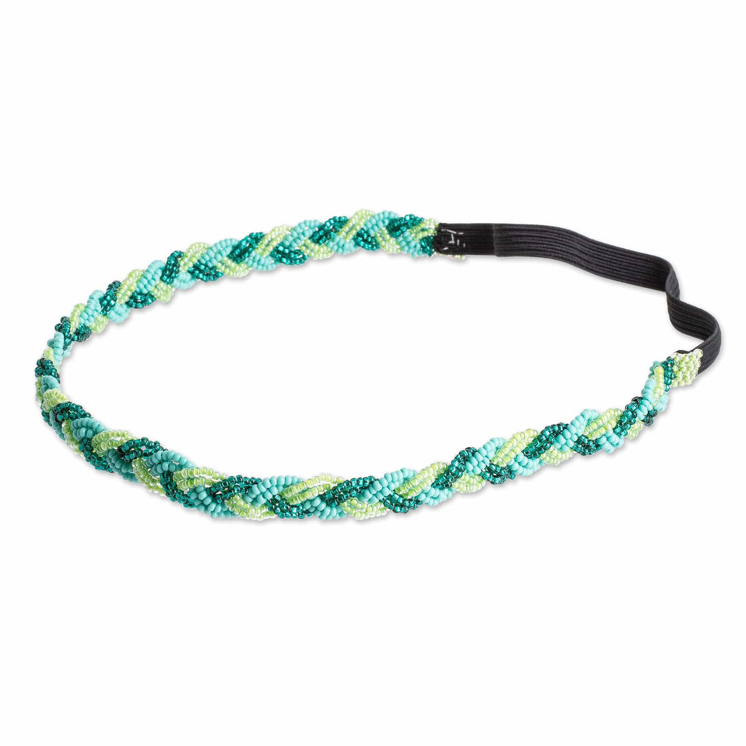 Handcrafted Green and Turquoise Glass Beaded Hairband - Shades from the Forest