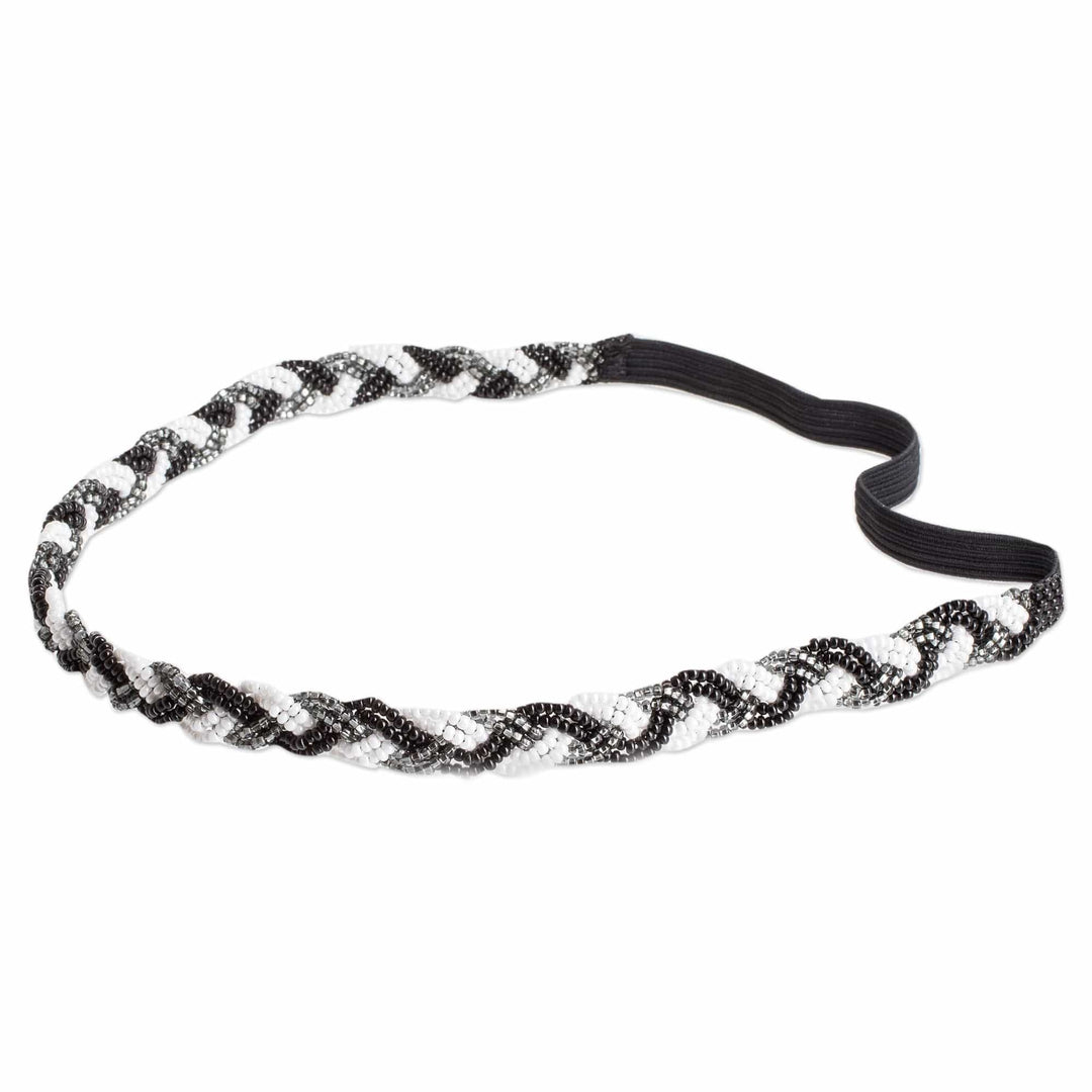 Handcrafted White and Black Glass Beaded Hairband - Shades from the Night