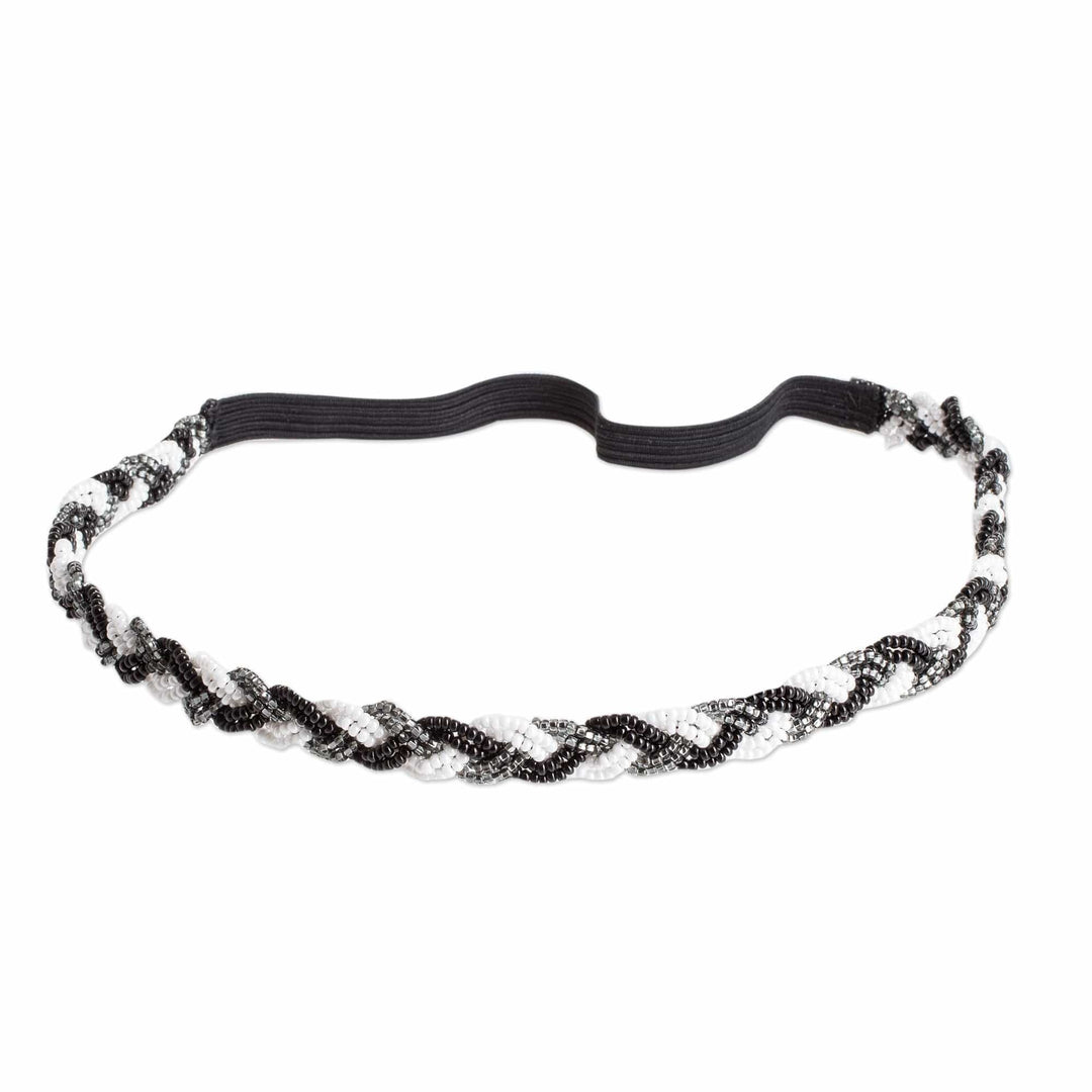 Handcrafted White and Black Glass Beaded Hairband - Shades from the Night