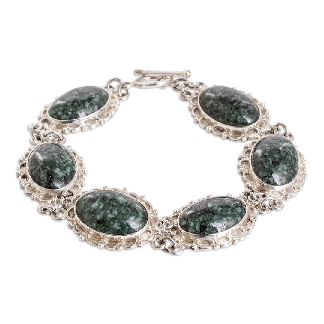 Sterling Silver Link Bracelet with Dark Green Jade Stones - Maya Queen