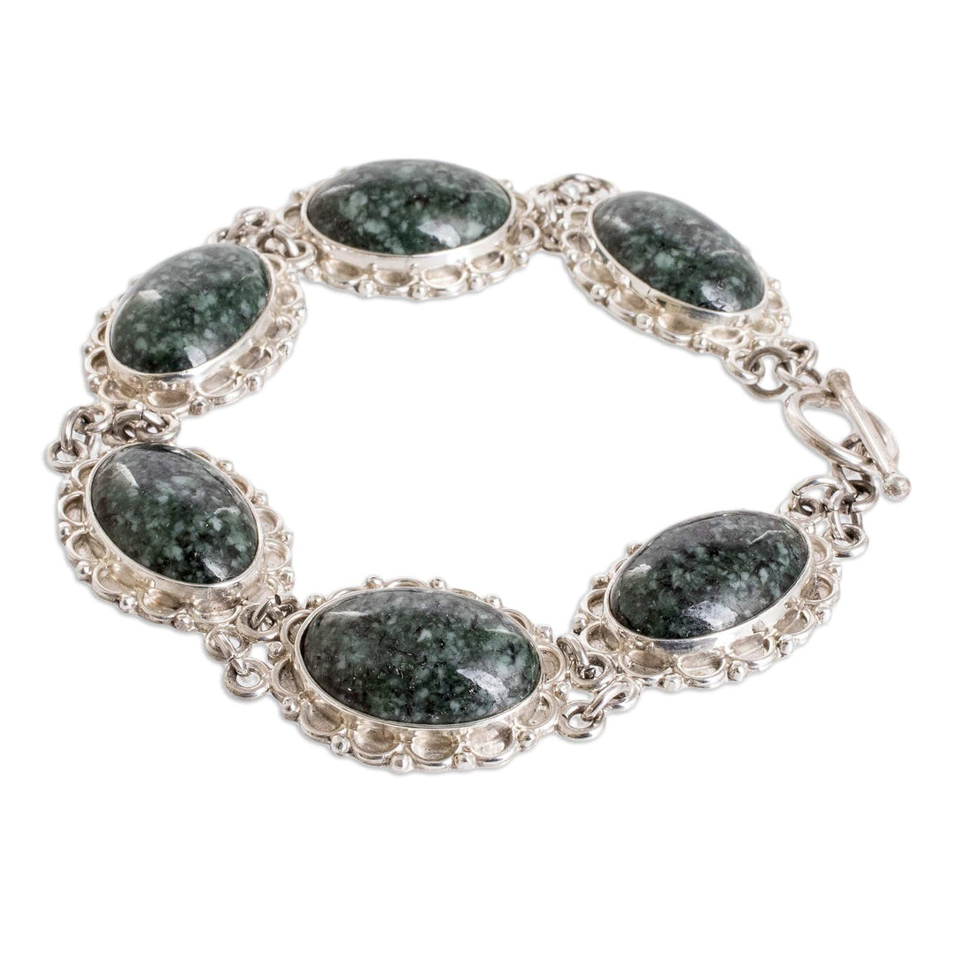 Sterling Silver Link Bracelet with Dark Green Jade Stones - Maya Queen