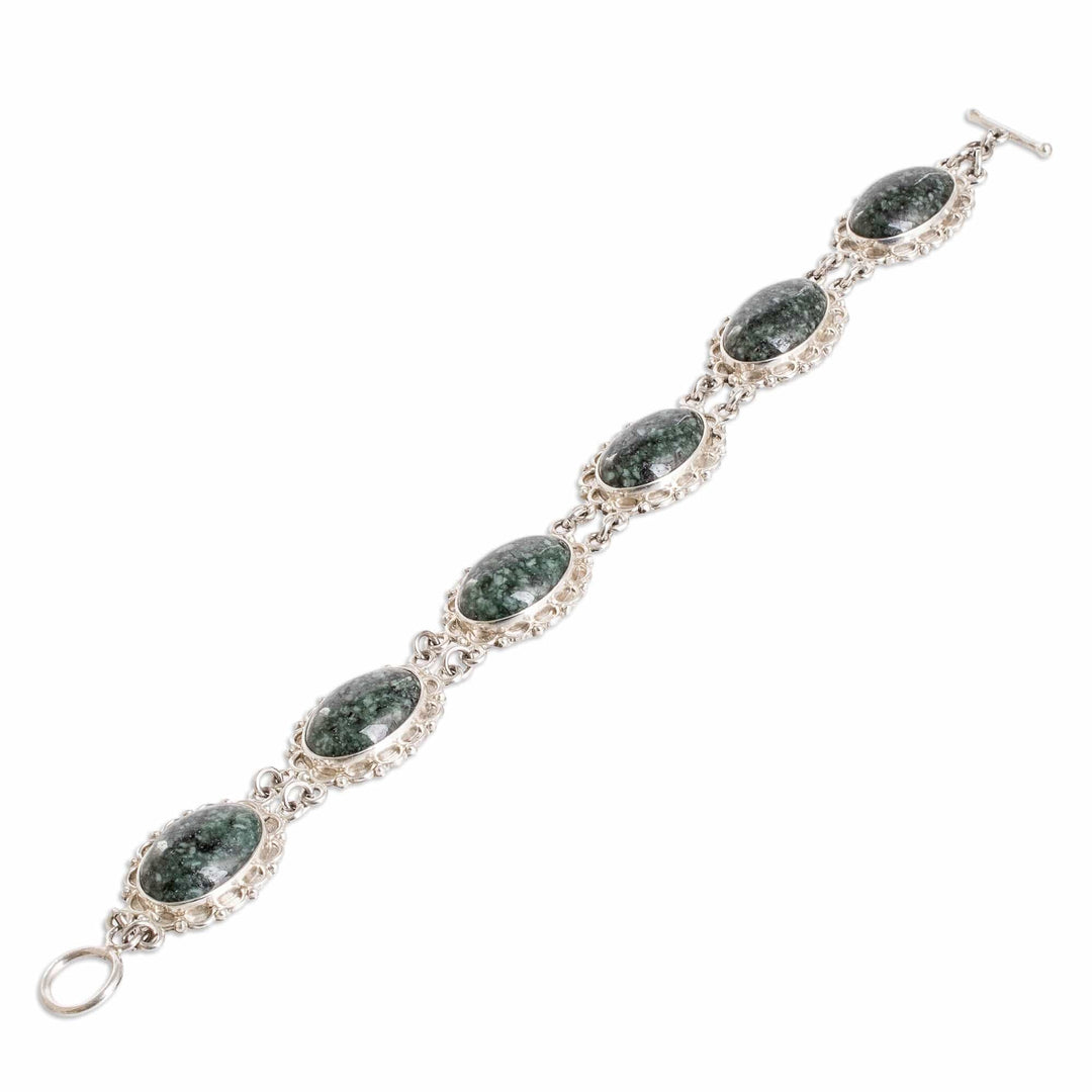 Sterling Silver Link Bracelet with Dark Green Jade Stones - Maya Queen