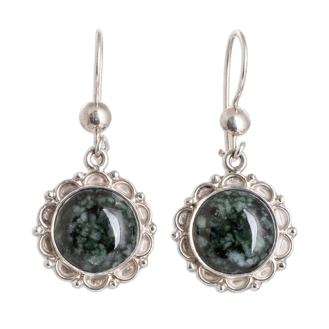 Sterling Silver Dangle Earrings with Dark Green Jade Stones - Wild Flower