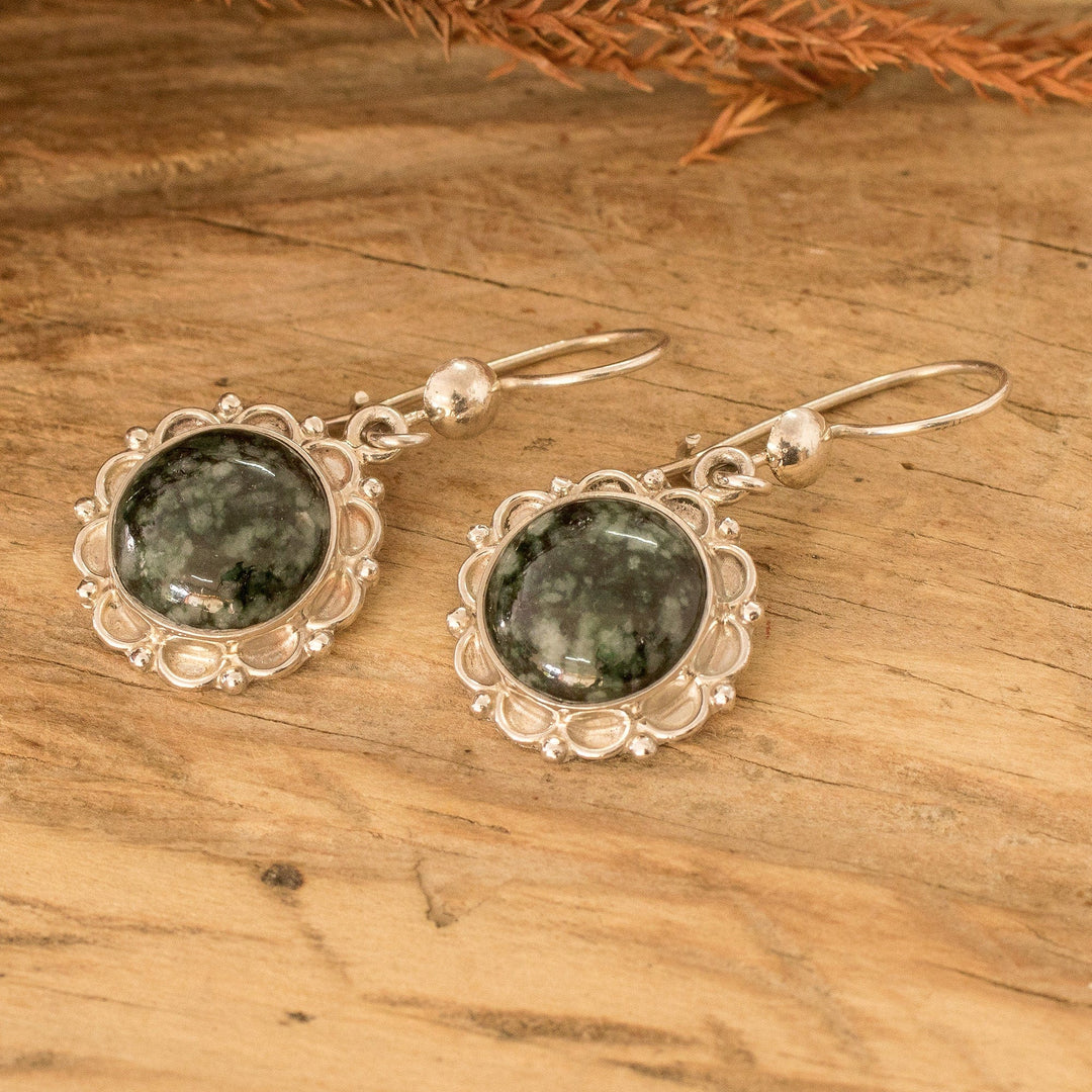 Sterling Silver Dangle Earrings with Dark Green Jade Stones - Wild Flower