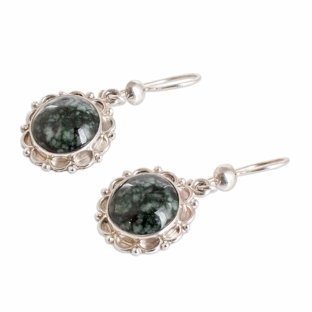 Sterling Silver Dangle Earrings with Dark Green Jade Stones - Wild Flower