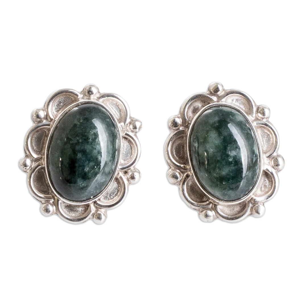 Sterling Silver Button Earrings with Dark Green Jade Stones - Maya Queen