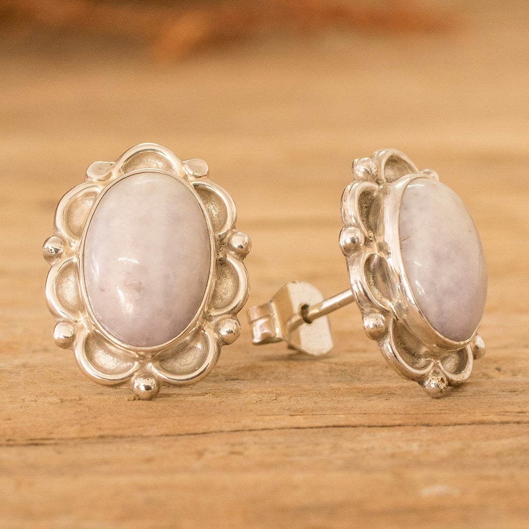 Sterling Silver Button Earrings with Lilac Jade Stones - Maya Queen in Lilac