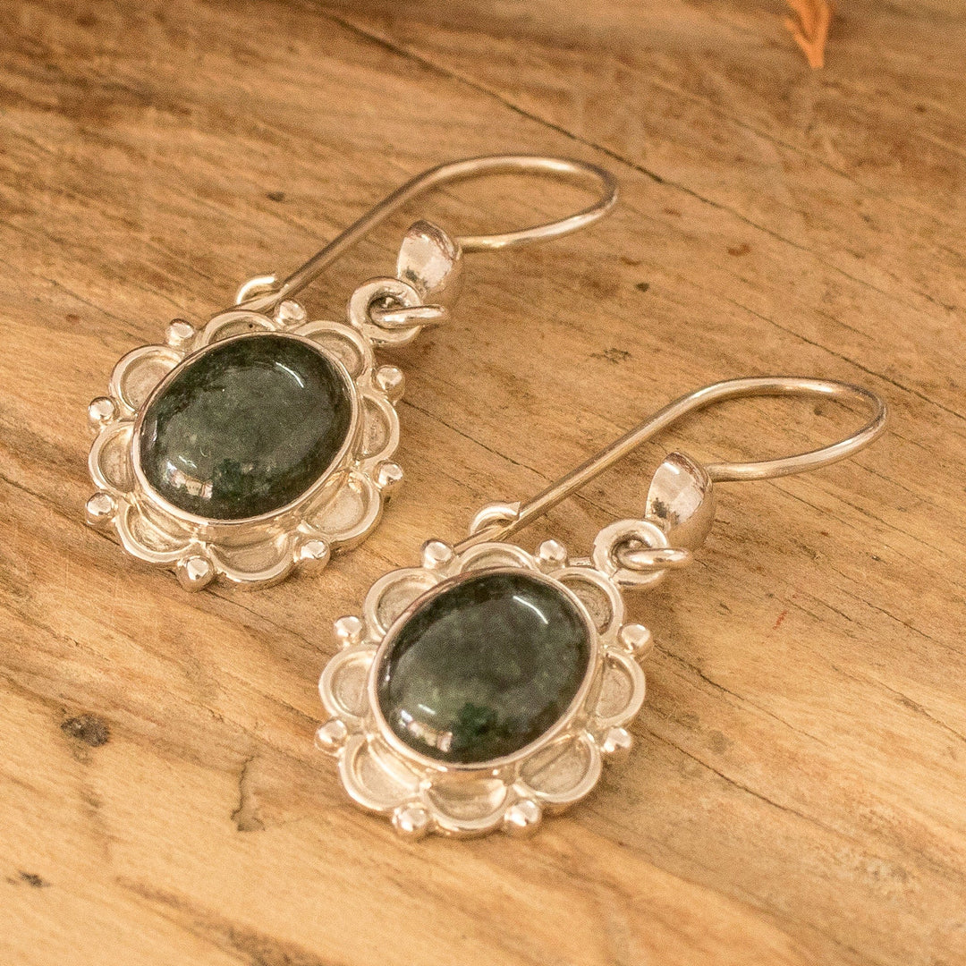 925 Silver Dangle Earrings with Dark Green Jade Stones - Majestic Maya Queen