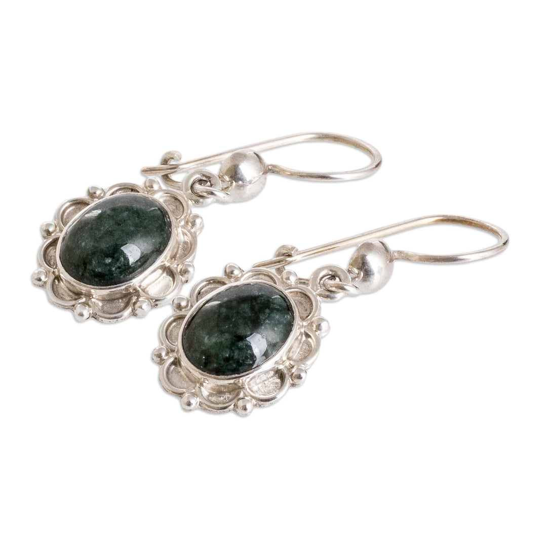 925 Silver Dangle Earrings with Dark Green Jade Stones - Majestic Maya Queen