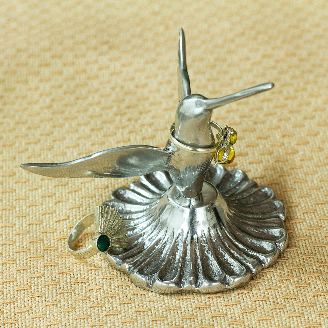 Polished Pewter Hummingbird Ring Holder from Mexico - Heavenly Hummingbird