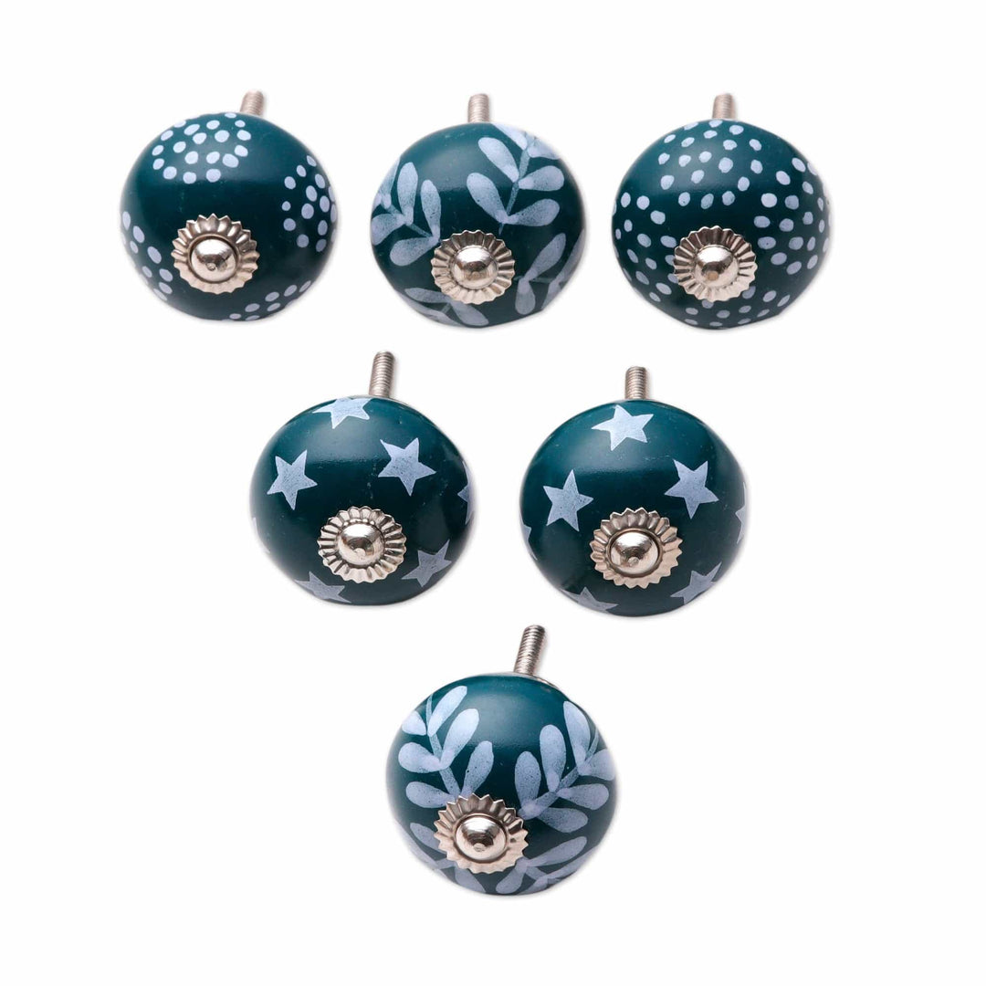 Set of Six Handcrafted Whimsical Teal and Blue Ceramic Knobs - Teal Ideas