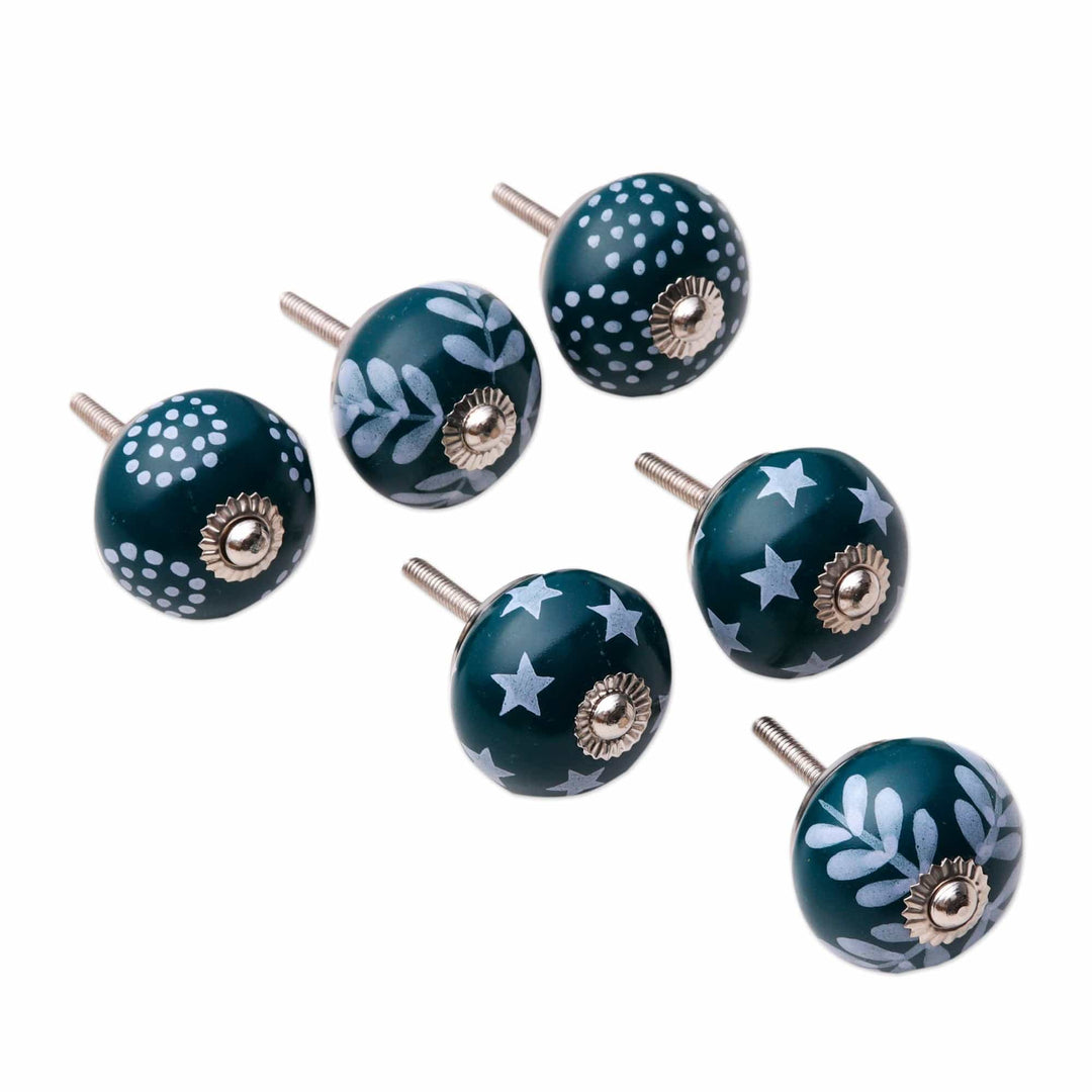 Set of Six Handcrafted Whimsical Teal and Blue Ceramic Knobs - Teal Ideas