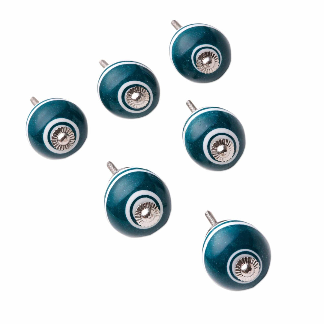 Set of Six Handcrafted Striped Teal and White Ceramic Knobs - Teal Essence