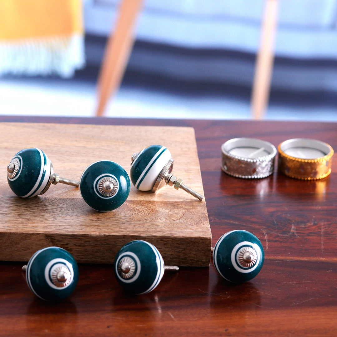 Set of Six Handcrafted Striped Teal and White Ceramic Knobs - Teal Essence