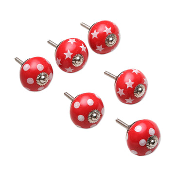 Set of Six Handmade Star and Dot Patterned Red Ceramic Knobs - Red Galaxy