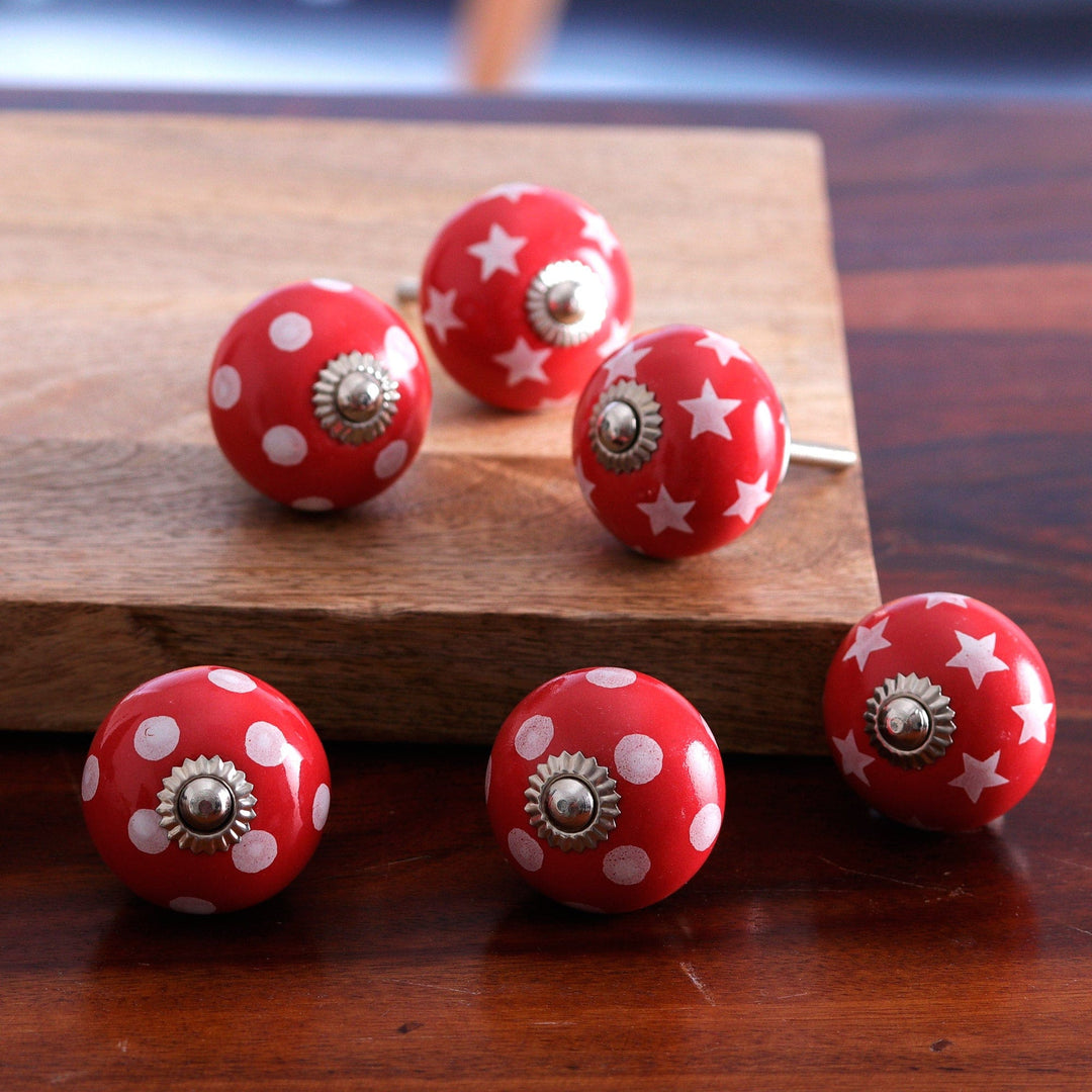 Set of Six Handmade Star and Dot Patterned Red Ceramic Knobs - Red Galaxy
