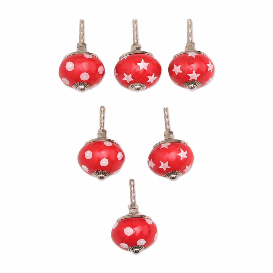 Set of Six Handmade Star and Dot Patterned Red Ceramic Knobs - Red Galaxy