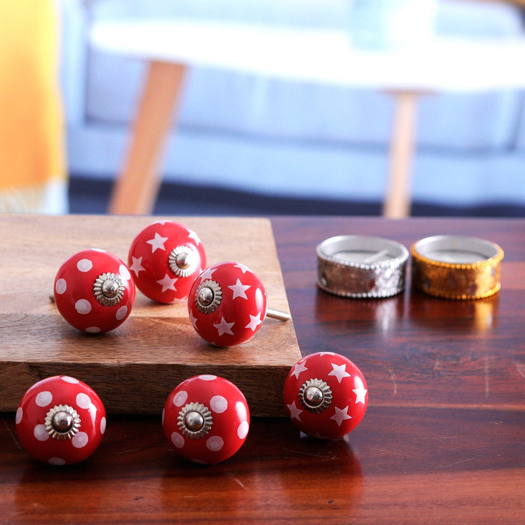 Set of Six Handmade Star and Dot Patterned Red Ceramic Knobs - Red Galaxy