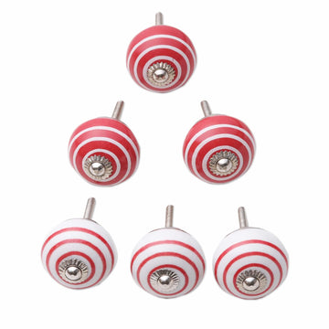 Set of Six Handcrafted Striped Red and White Ceramic Knobs - Red Essence