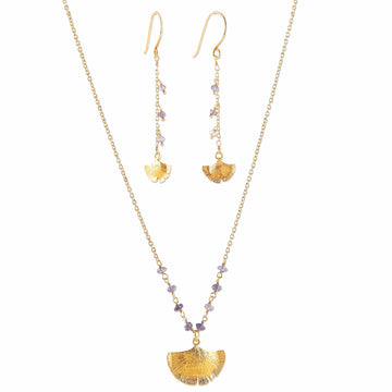 22k Gold-Plated Iolite Leafy Jewelry Set from India - Golden Ginkgo