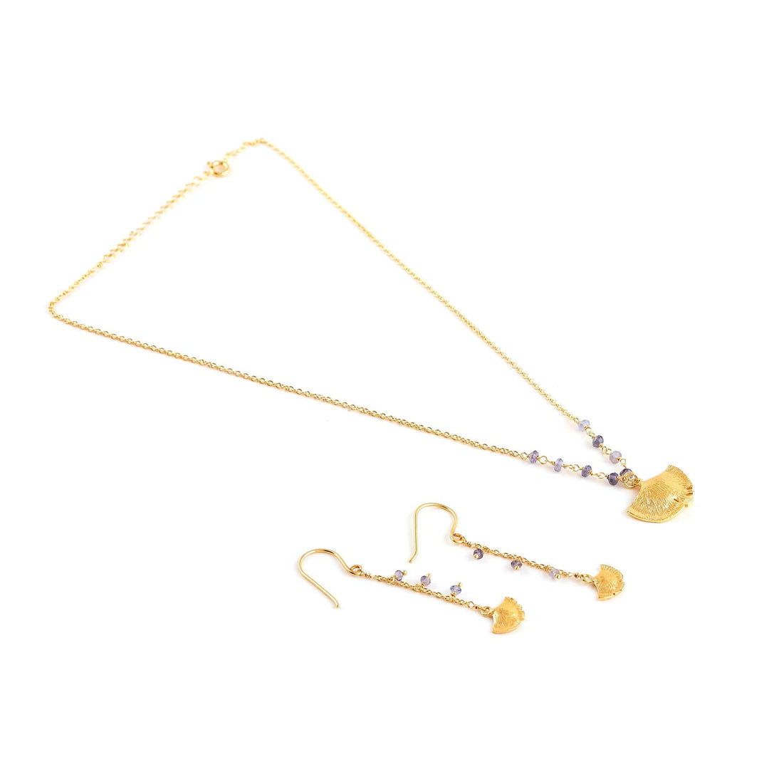 22k Gold-Plated Iolite Leafy Jewelry Set from India - Golden Ginkgo