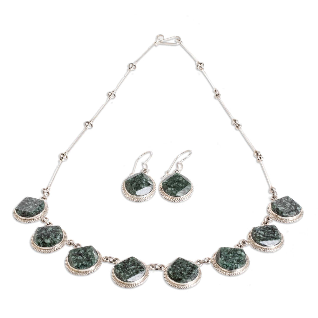 925 Silver Dark Green Jade Necklace & Earrings Jewelry Set - Ancient Heritage