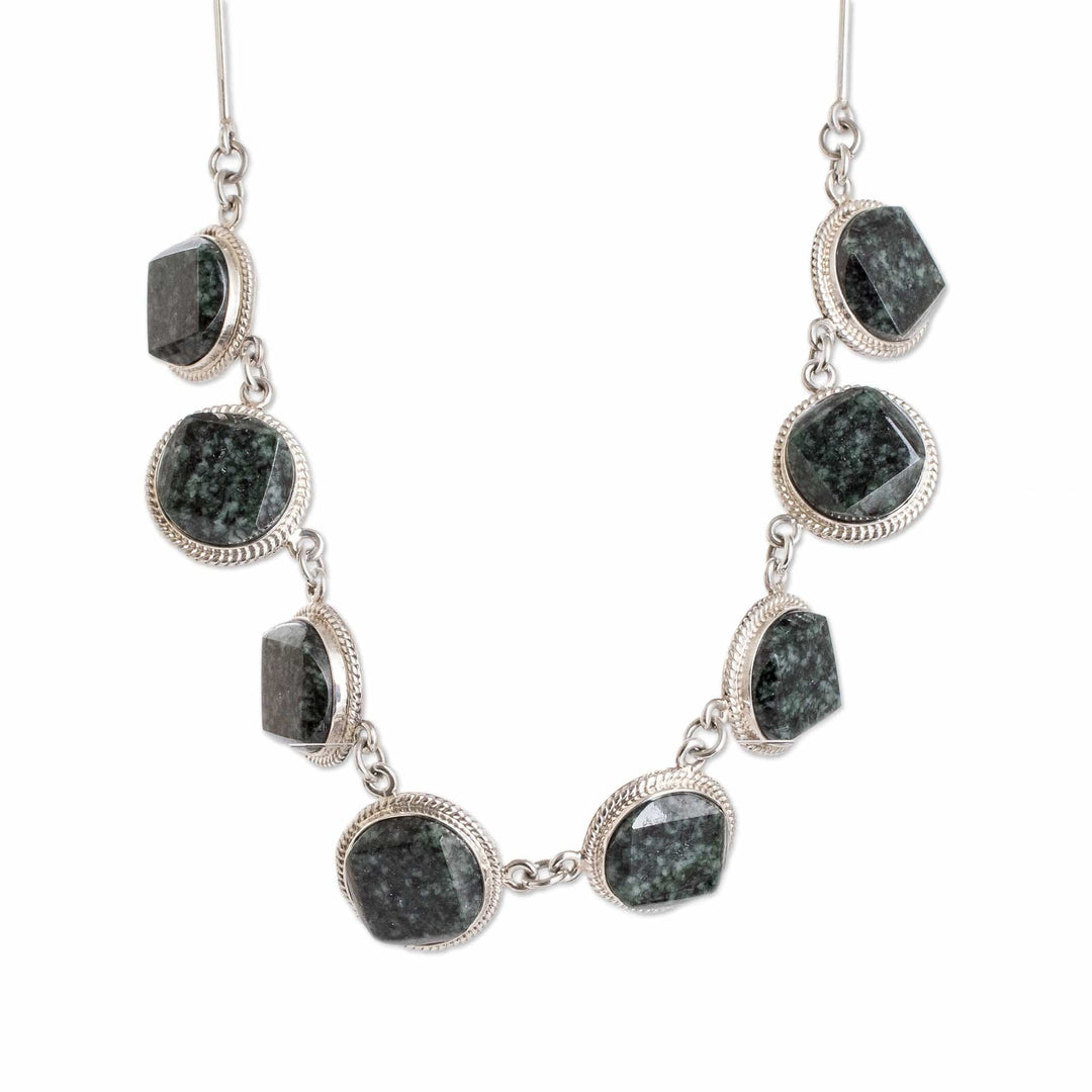 Dark Green Jade Sterling Silver Geometric Pendant Necklace - Ancient Heritage