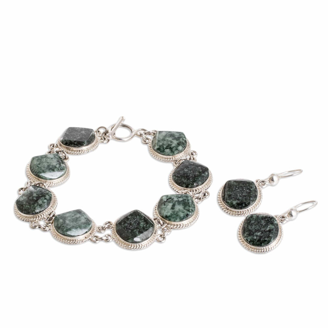 Sterling Silver & Green Jade Bracelet & Earrings Jewelry Set - Glamorous Flair