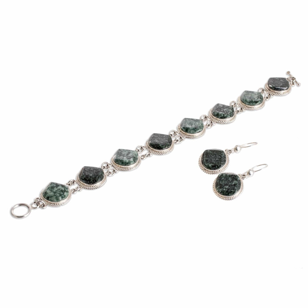 Sterling Silver & Green Jade Bracelet & Earrings Jewelry Set - Glamorous Flair