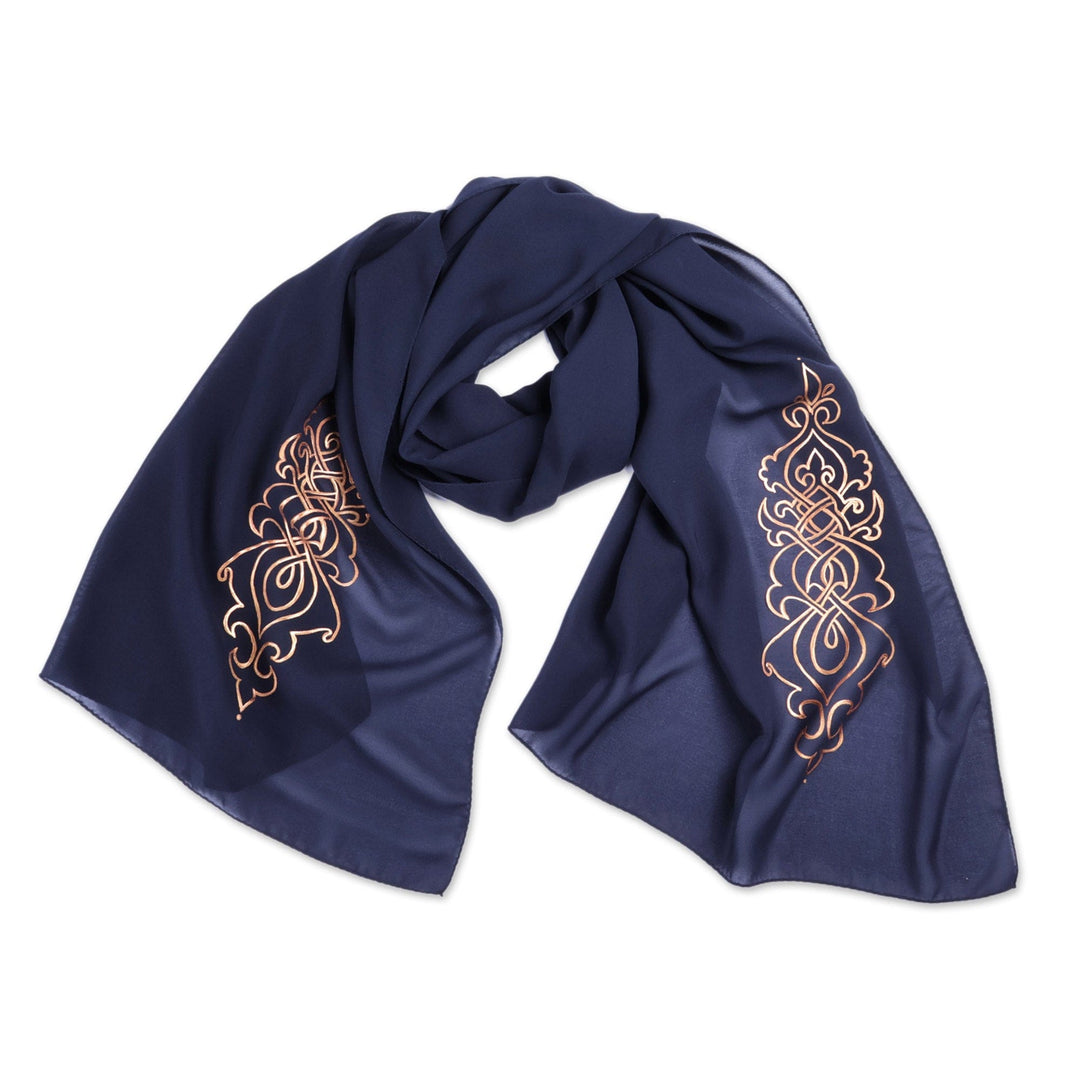 Armenian Blue Silk Scarf with Hand-Painted Motifs in Gold - Blue Splendor