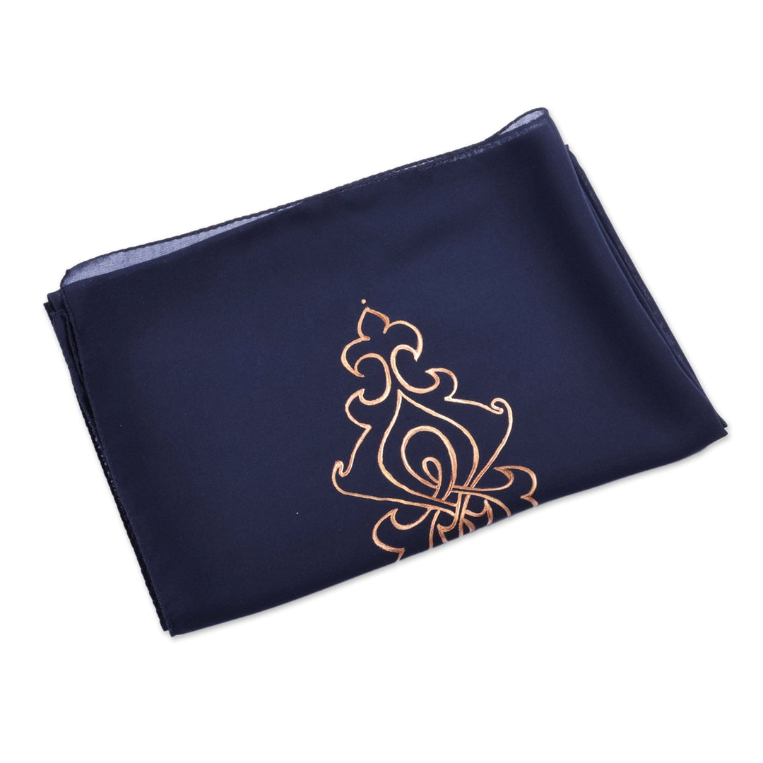 Armenian Blue Silk Scarf with Hand-Painted Motifs in Gold - Blue Splendor